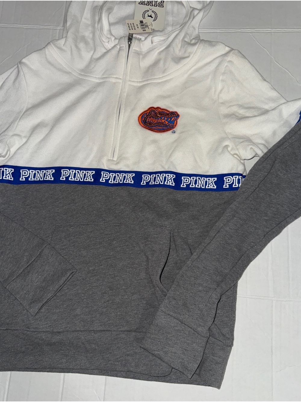 Victoria's Secret PINK White and Gray Half-Zip Hoodie with Blue Trim